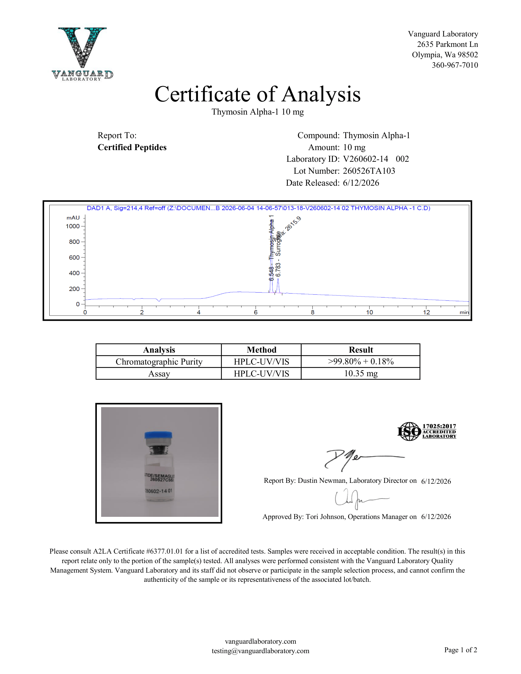 THYMOSIN ALPHA1 10MG COA