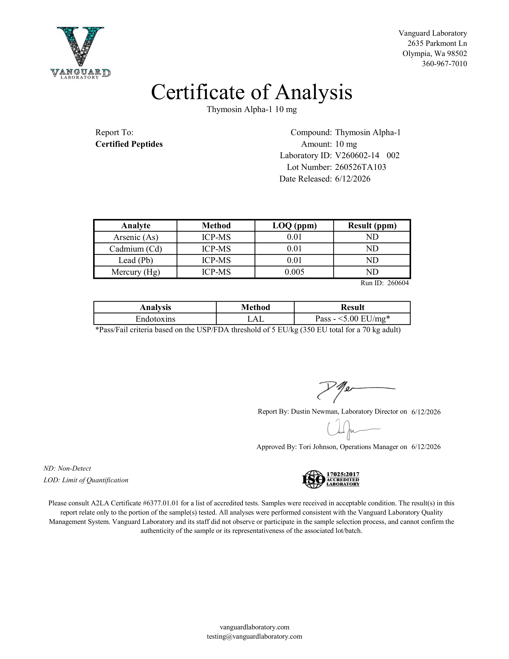 THYMOSIN ALPHA1 10MG Contaminant