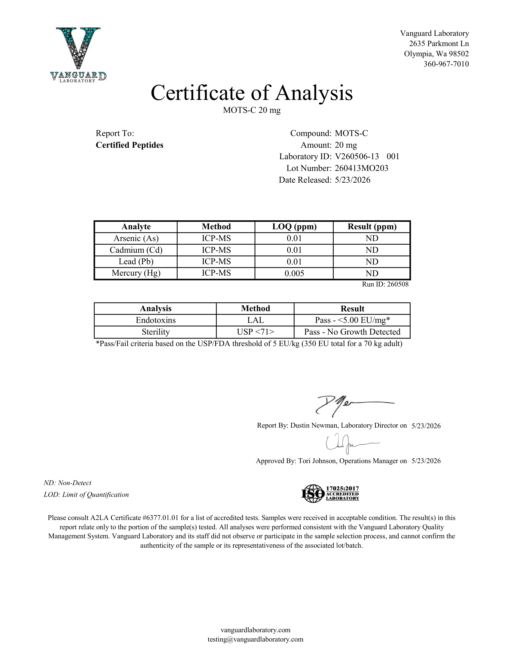 MOTS C 20MG Contaminant