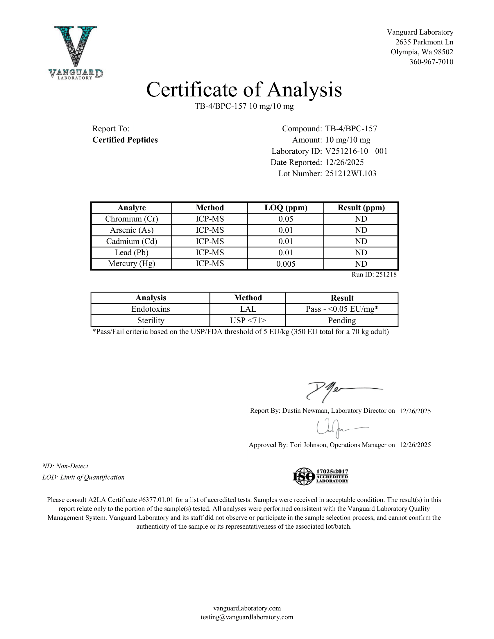 TB4 BPC157 10 10MG Contaminant