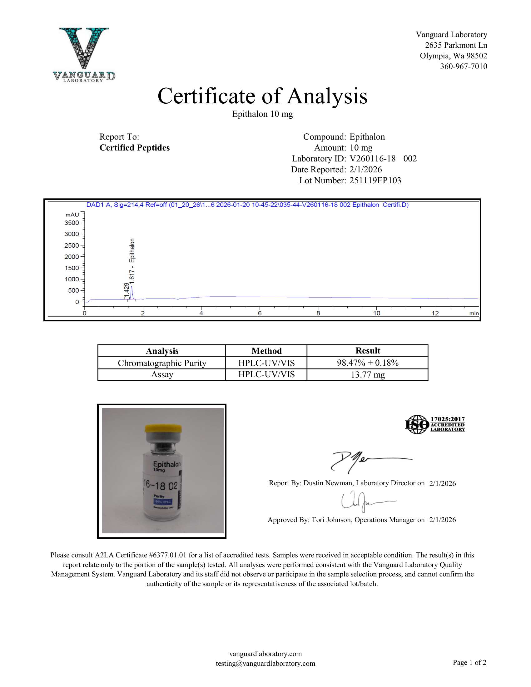 EPITHALON 10MG COA