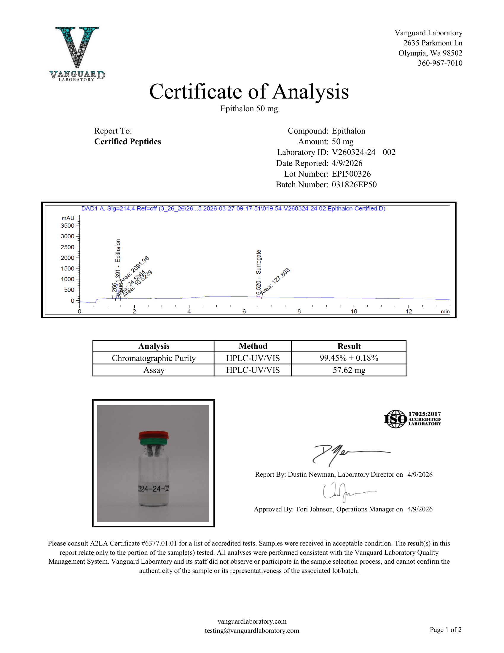 EPITHALON 50MG COA