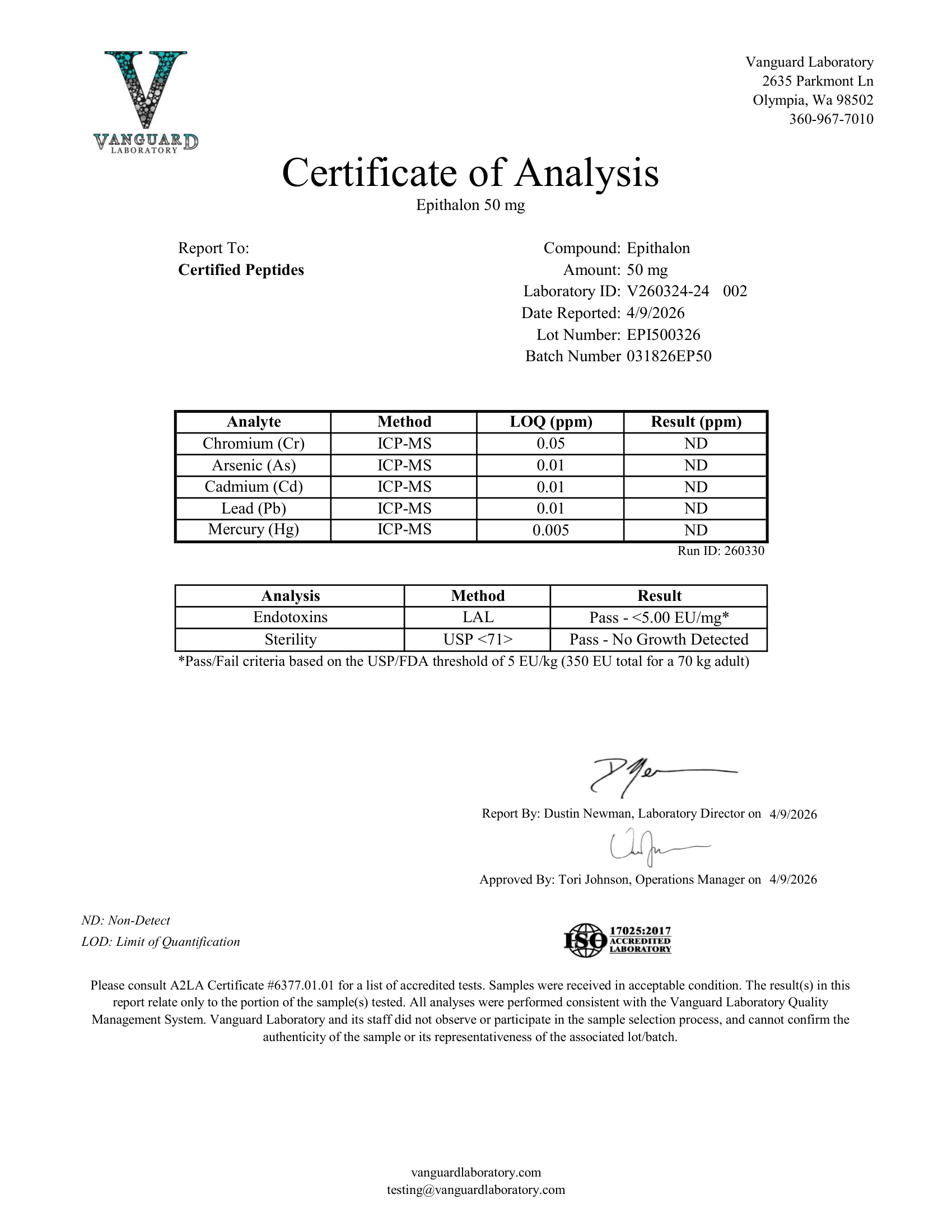 EPITHALON 50MG Contaminant