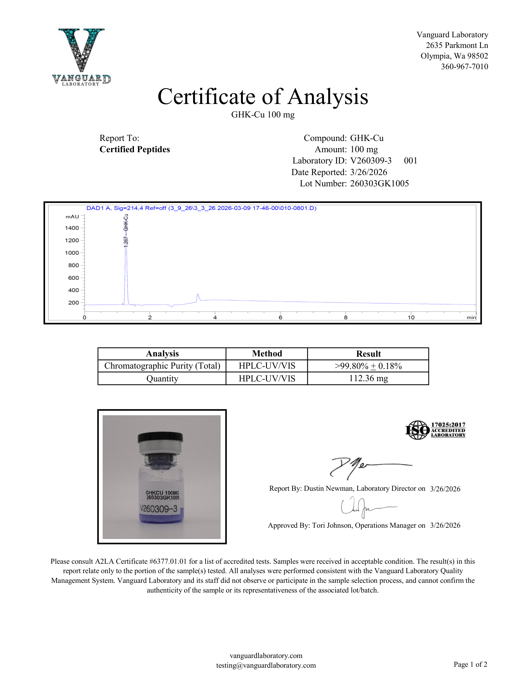 GHK CU 100MG COA