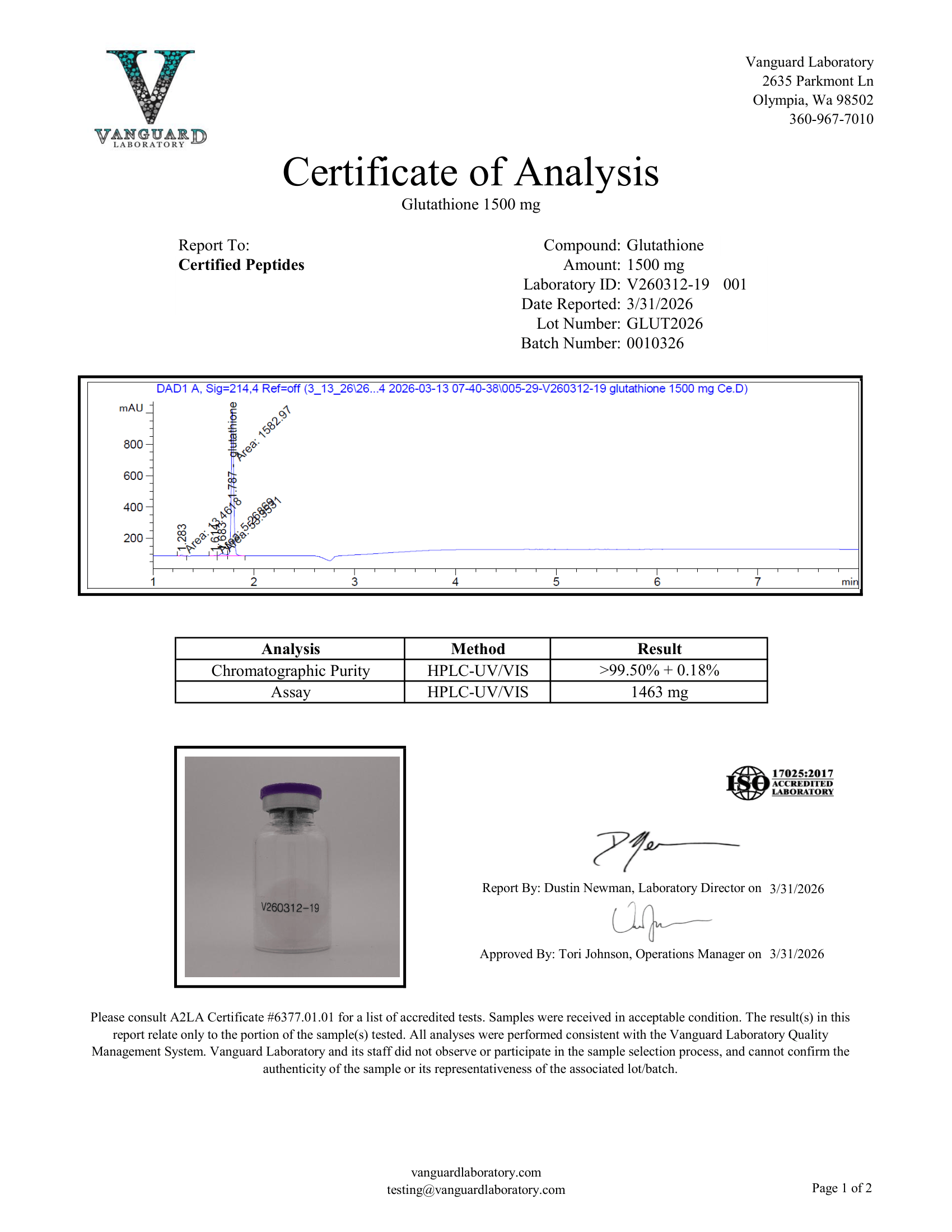 GLUTATHIONE 1500MG COA