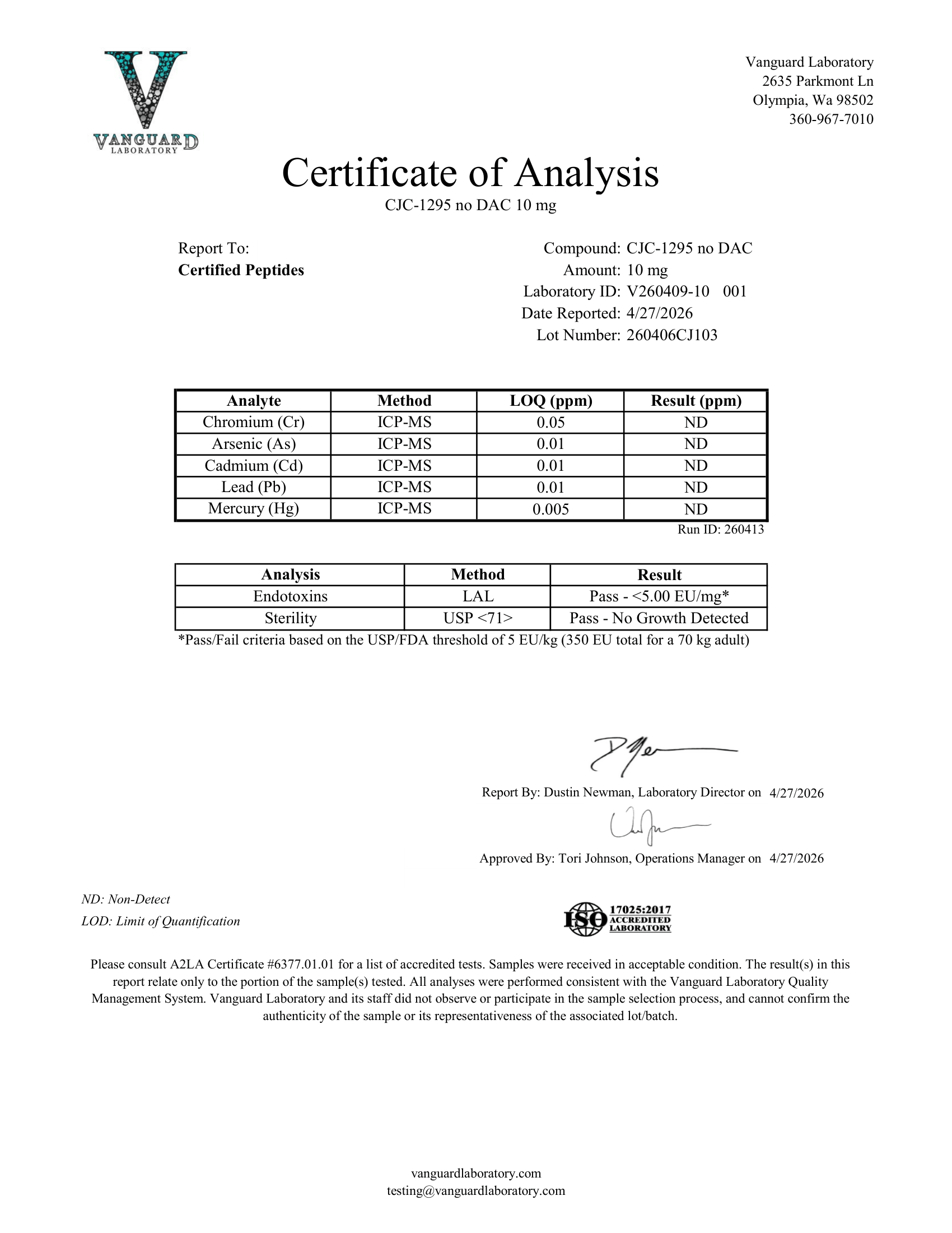 CJC 1295 NO DAC 10MG Contaminant