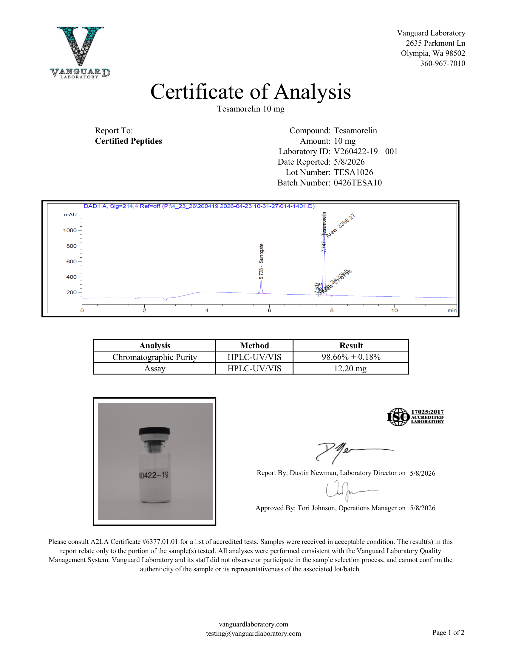 TESAMORELIN 10MG COA