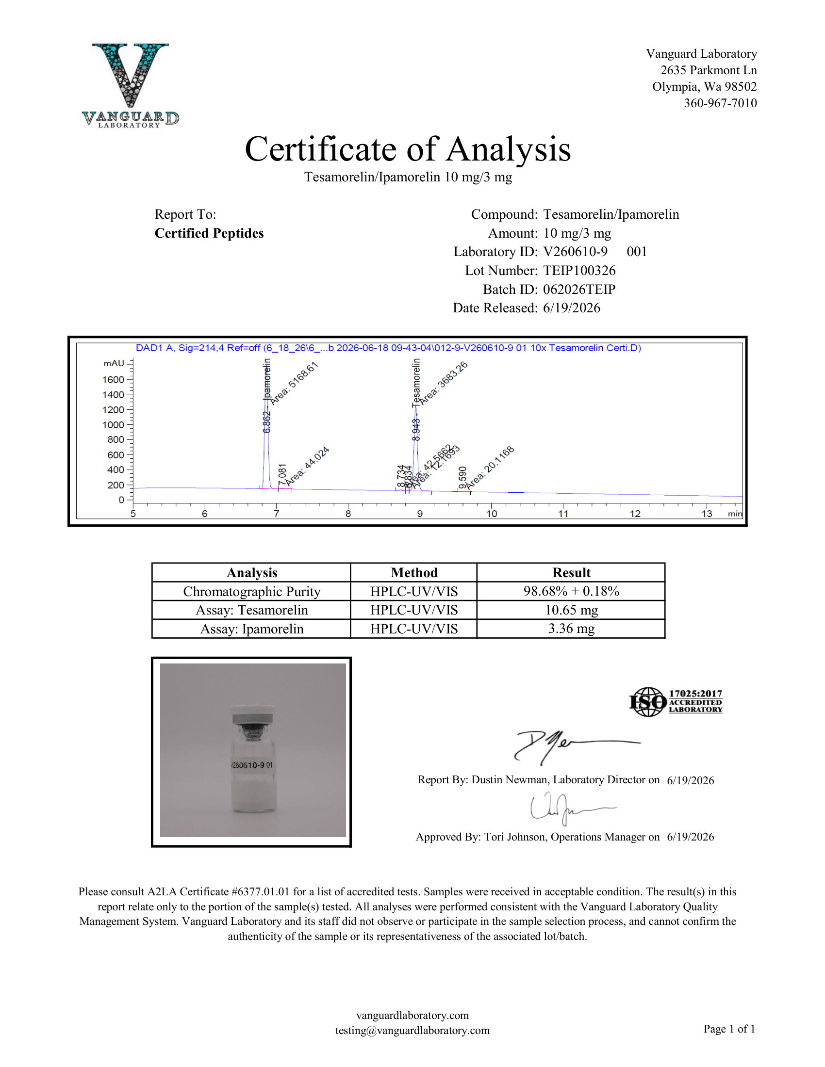 TESAMORELIN IPAMORELIN 10MG 3MG COA